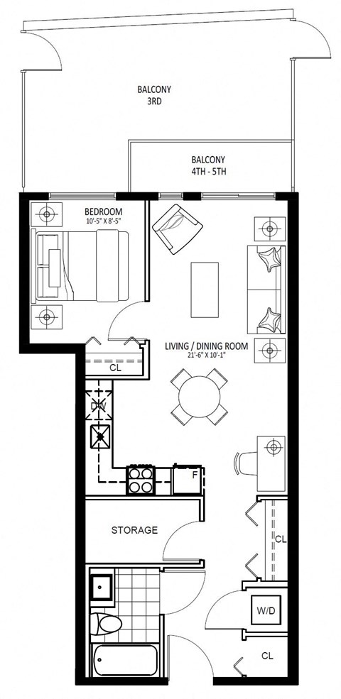 Floor plan for 1 bed, 1 bath, 599 sqft