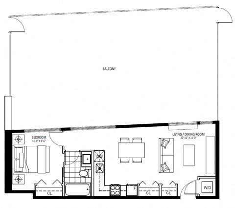 Floor plan for 1 bed, 1 bath, 535 sqft