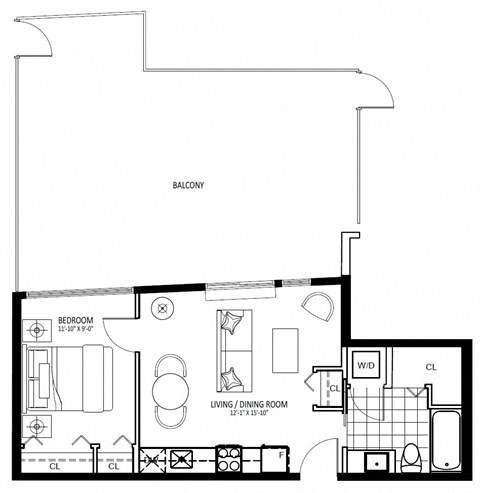 Floor plan for 1 bed, 1 bath