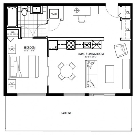Floor plan for 1 bed, 1 bath, 634 sqft