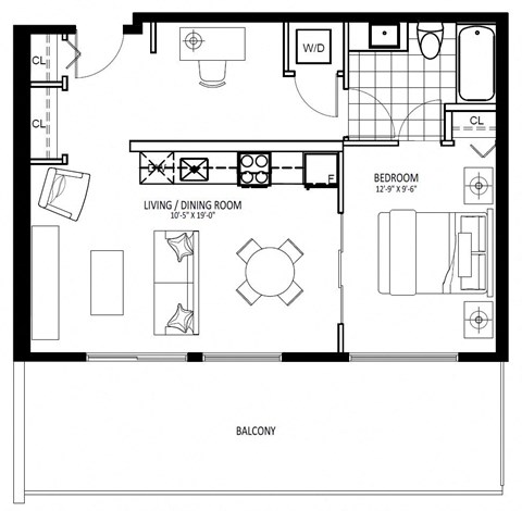 Floor plan for 1 bed, 1 bath, 635 sqft
