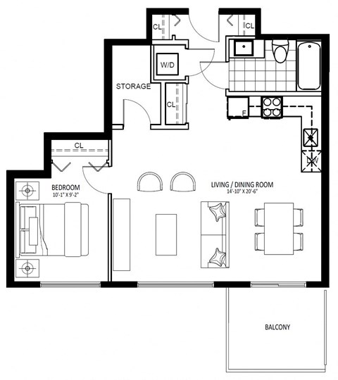 Floor plan for 1 bed, 1 bath, 672 sqft