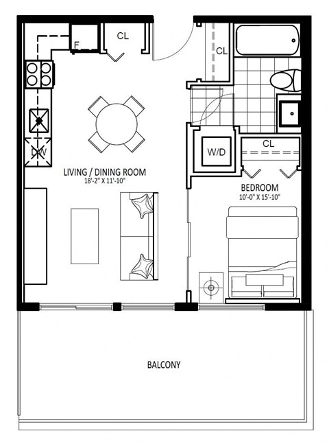 Floor plan for 1 bed, 1 bath, 451 sqft