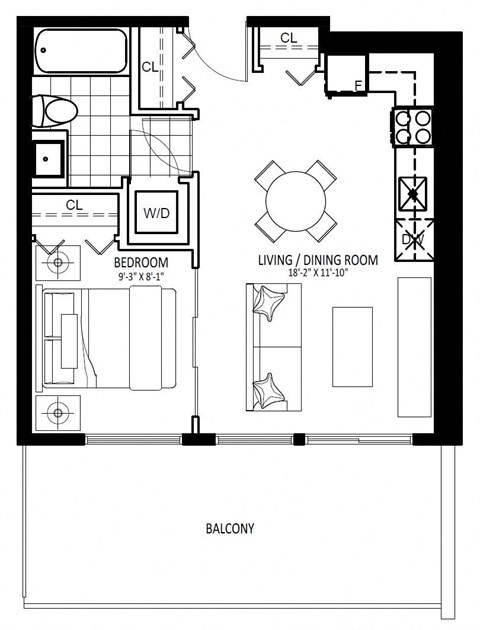 Floor plan for 1 bed, 1 bath, 635 sqft