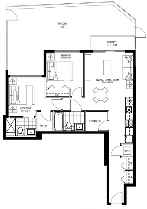 Floor plan for 2 beds, 2 baths, 826 sqft