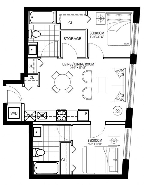 Floor plan for 2 beds, 2 baths, 665 sqft