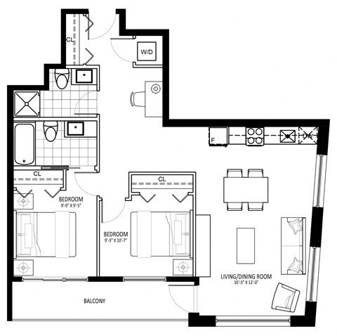 Floor plan for 2 beds, 2 baths, 864 sqft