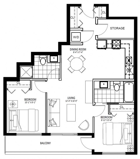 Floor plan for 2 beds, 2 baths, 769 sqft