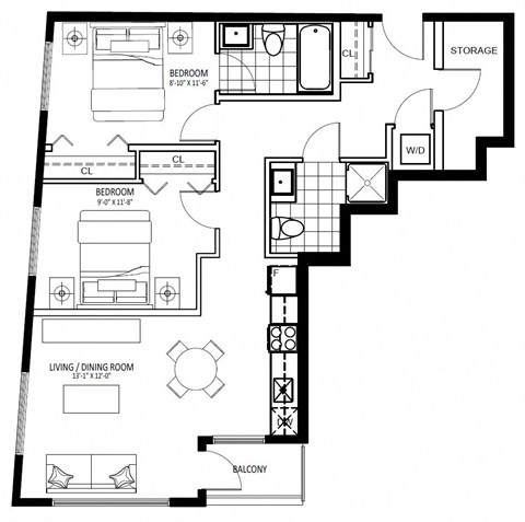 Floor plan for 2 beds, 2 baths, 846 sqft
