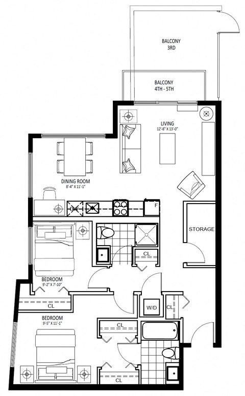 Floor plan for 2 beds, 2 baths, 895 sqft
