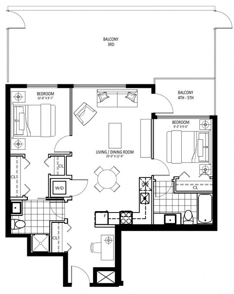 Floor plan for 2 beds, 2 baths, 797 sqft