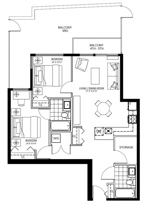 Floor plan for 2 beds, 2 baths, 865 sqft