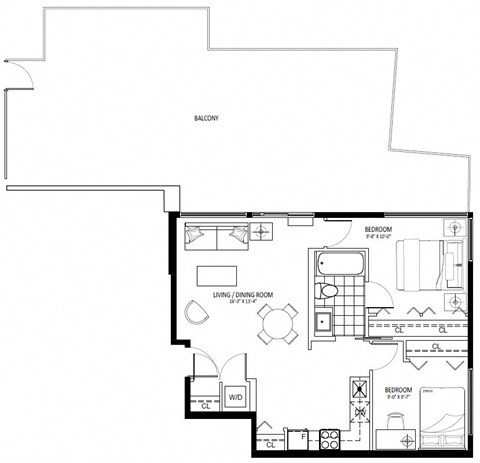 Floor plan for 2 beds, 1 bath