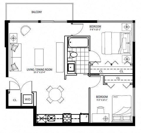 Floor plan for 2 beds, 1 bath, 720 sqft