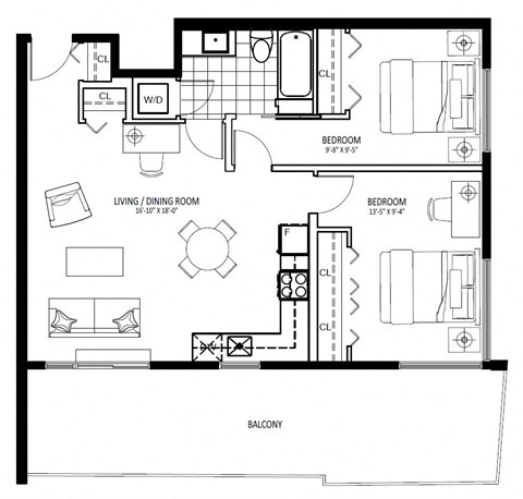 Floor plan for 2 beds, 1 bath, 794 sqft