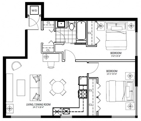 Floor plan for 2 beds, 1 bath