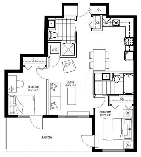 Floor plan for 2 beds, 2 baths