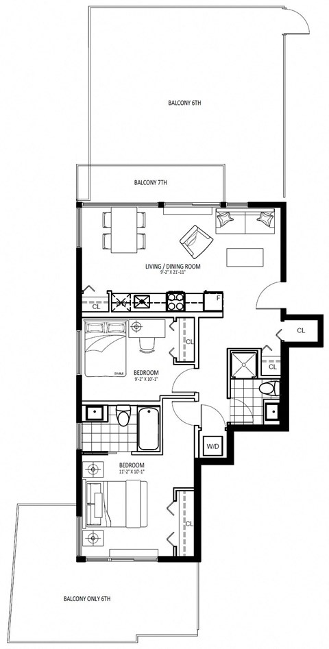 Floor plan for 2 beds, 2 baths, 790 sqft
