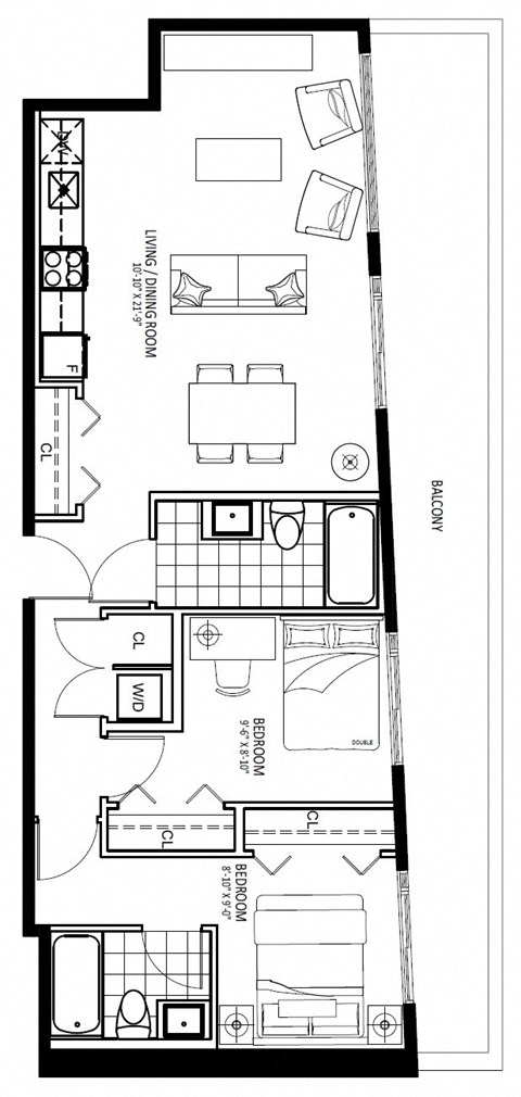 Floor plan for 2 beds, 2 baths, 824 sqft