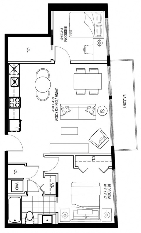 Floor plan for 2 beds, 1 bath