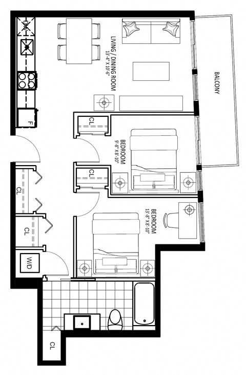 Floor plan for 2 beds, 1 bath, 680 sqft
