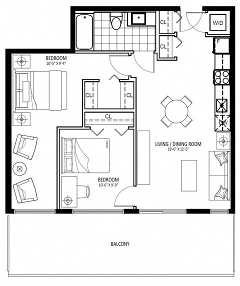 Floor plan for 2 beds, 1 bath, 798 sqft