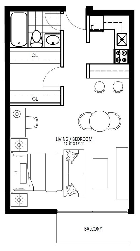 Floor plan for studio, 1 bath, 466 sqft
