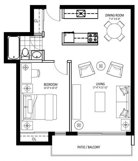 Floor plan for 1 bed, 1 bath, 600 sqft