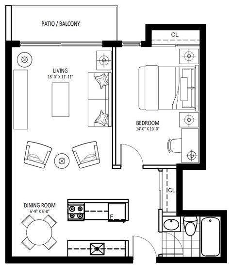 Floor plan for 1 bed, 1 bath, 599 sqft
