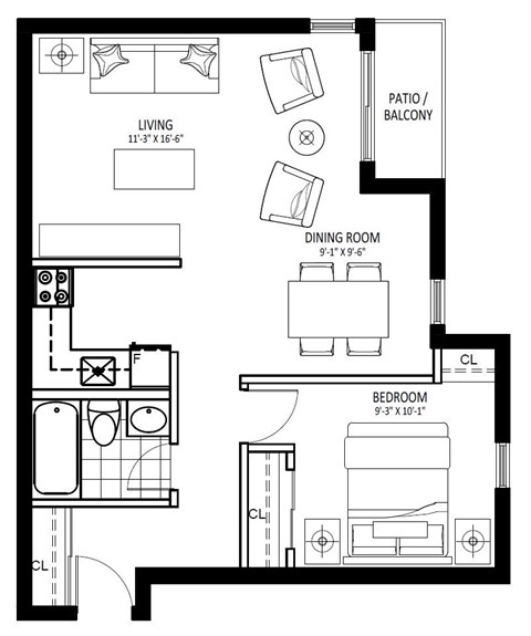 Floor plan for 1 bed, 1 bath, 603 sqft