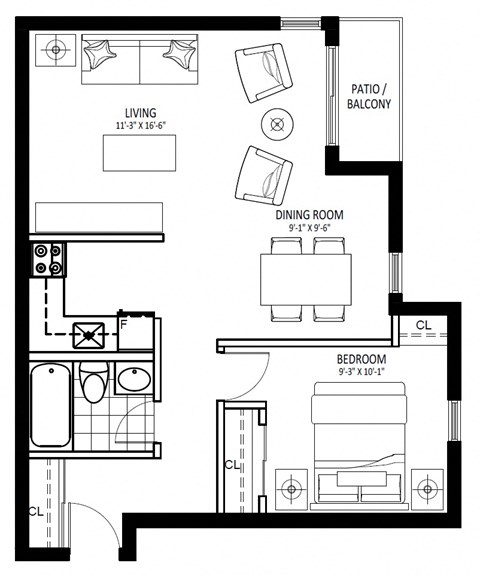Floor plan for 1 bed, 1 bath, 603 sqft