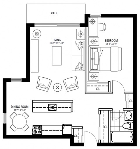 Floor plan for 1 bed, 1 bath, 650 sqft