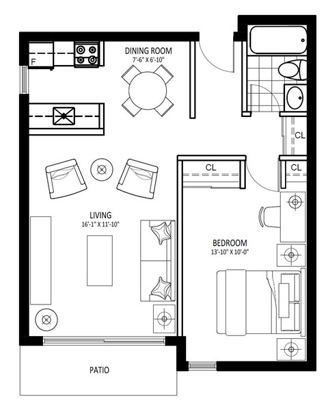 Floor plan for 1 bed, 1 bath