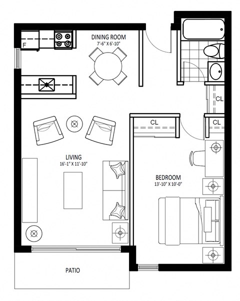 Floor plan for 1 bed, 1 bath