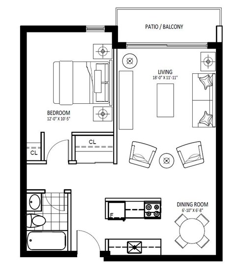 Floor plan for 1 bed, 1 bath