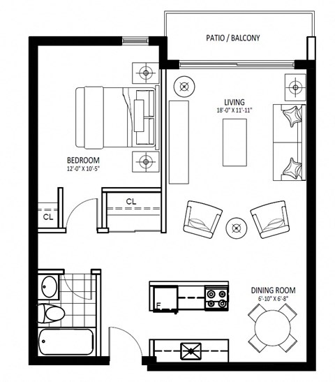 Floor plan for 1 bed, 1 bath