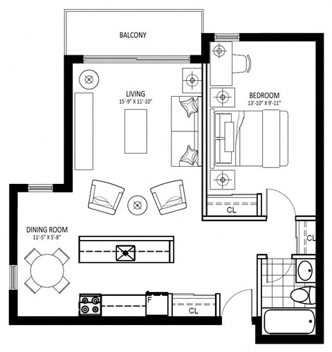 Floor plan for 1 bed, 1 bath, 618 sqft