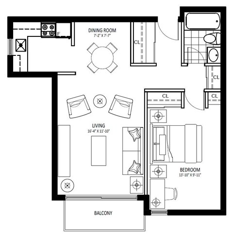 Floor plan for 1 bed, 1 bath, 599 sqft