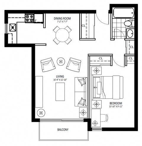 Floor plan for 1 bed, 1 bath, 599 sqft