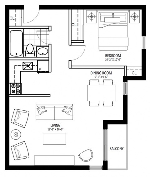 Floor plan for 1 bed, 1 bath, 606 sqft