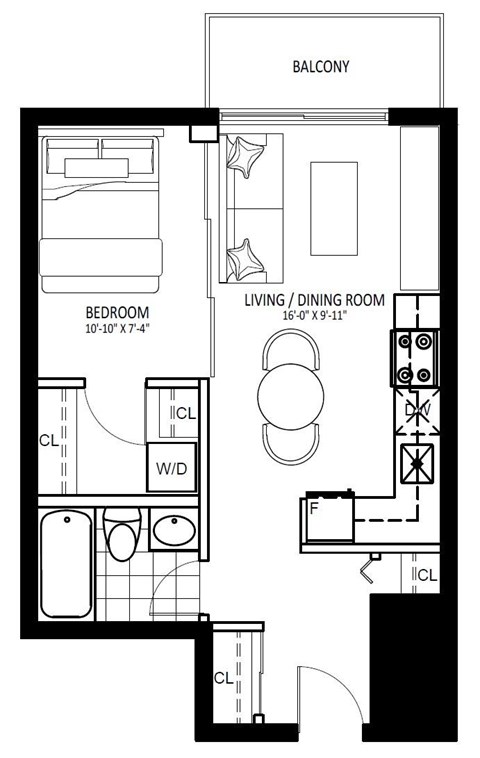 Floor plan for 1 bed, 1 bath