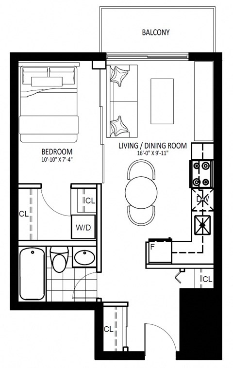 Floor plan for 1 bed, 1 bath