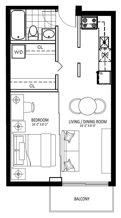 Floor plan for 1 bed, 1 bath, 599 sqft