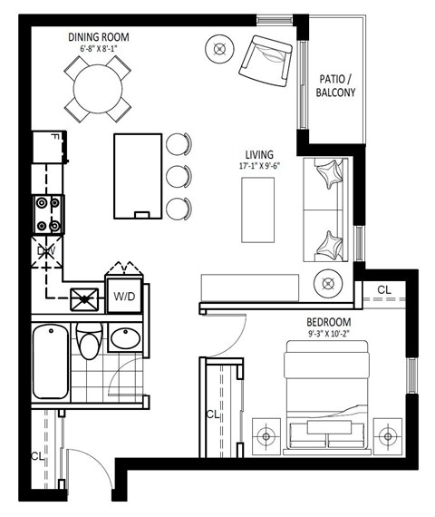 Floor plan for 1 bed, 1 bath