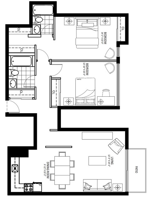 Floor plan for 2 beds, 2 baths
