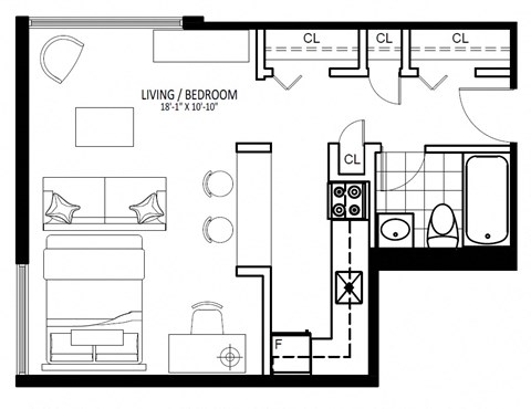 Floor plan for studio, 1 bath