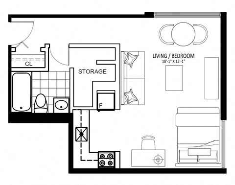 Floor plan for studio, 1 bath, 510 sqft