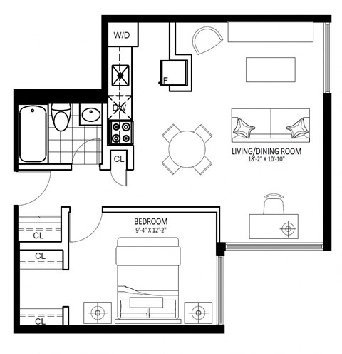 Floor plan for 1 bed, 1 bath, 539 sqft