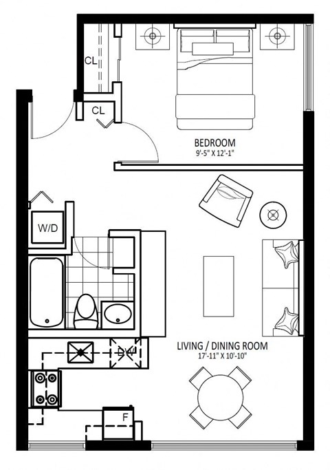 Floor plan for 1 bed, 1 bath, 520 sqft