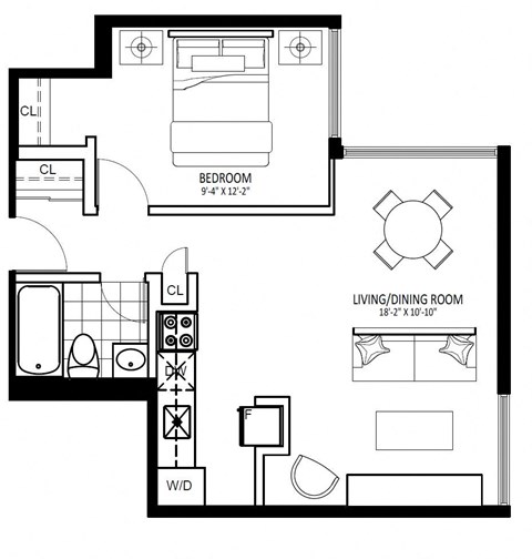 Floor plan for 1 bed, 1 bath, 520 sqft